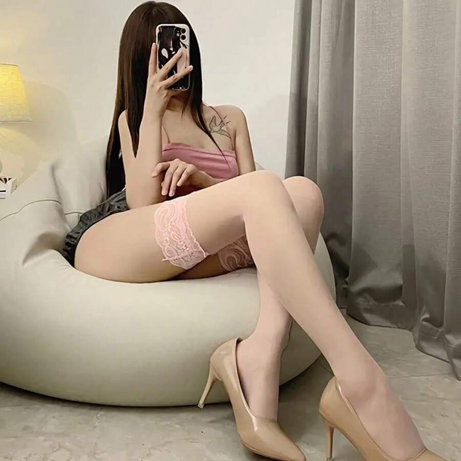 1 Pair Of Black Stockings For Women, Thin White Silk Long Leg Over-The-Knee Socks, Thigh Stockings, Half-Length Pure Desire Lace Fishnet Long Tube Socks