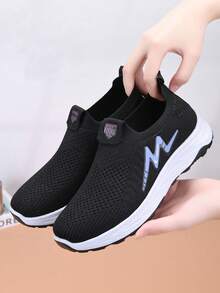 女士透气网眼休闲运动鞋，防滑软底一脚蹬舒适妈妈鞋，圆头宽松休闲鞋，适合日常散步，松紧鞋口，春夏 - 黑色 - 查看 9