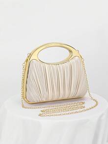 1 件香槟色闪亮褶皱优雅小手拿包，女士时尚链条单肩包，适合派对、婚礼、舞会、晚宴/宴会，与婚纱、晚礼服、生日礼服完美搭配 - 杏色 - 查看 3