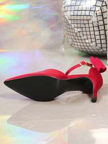Burgundy Satin Bow Pointed Toe Ankle Strap High Heel Shoes For Women, Spring/Autumn - Burgundy - View 8