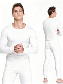 Men's White Fleece Crew Neck Thermal Underwear Set Winter Pajama Set For Cold Weather Outdoor Cold Insulation Warm Base Indoor Comfortable Pajamas Autumn And Winter Gifts - White - View 3