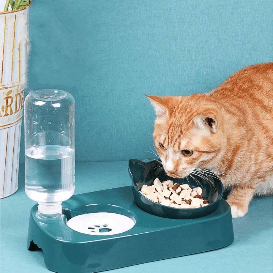 1 Set Green Cat Food & Water Bowl With Automatic Drinking Fountain, Spill-Proof & Neck-Protecting, Multifunctional Adjustable Pet Feeder & Waterer - Green - View 1