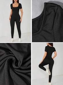 Mono deportivo de manga corta con cuello cuadrado para mujer de unicolor, de corte ceñido de moda - Negro - Ver 10