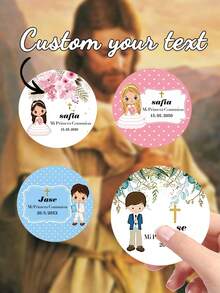 35Pcs Personalized Custom First Communion Stickers - Round (4x4cm) Customized Baptism And Naming Label Stickers. The Elegant Design (Chalice, Floral Patterns, Date/Name Personalization) Enhances The Gift Presentation. - Multicolor 3 - View 12