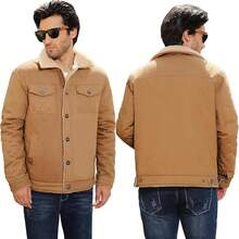 Mens Winter Thick Thermal Cotton Warm Fleece Lined Sherpa Trucker Lapel Work Cargo Jackets Coat OuterwearChristmas 8453 - 卡其色 - 查看 2