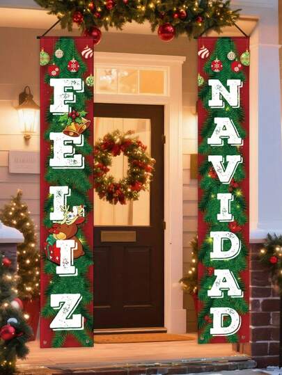 1 par de letreros de puerta de estilo español "Feliz Navidad" - Bandera colgante de puerta de entrada con patrón de campanas navideñas de poliéster, de 70.8*11.8 pulgadas (sin necesidad de electricidad), perfecta para la decoración navideña del hogar, la decoración del patio, la fiesta de la puerta y la decoración del jardín, decoración de la habitación en invierno