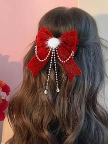 1pc Adult Versatile Accessory Sweet Girl Glitter Bow Ribbon Tassel Durable Non-Damaging Duck Clip Side Bangs Hair Clip Hair Pin Suitable For Holidays, Parties, Birthdays, Travel, Daily Use, Cute Accessories, Claw Clips