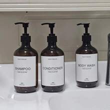 1 Stück 500ml nachfüllbare bernsteinfarbene Shampoo-Duschgel-Flasche mit Pumpe, Geschirrspülmittel, Conditioner, Körperwaschspender für Hotelbadezimmer Zubehör, inklusive wasserfestem Etikett, Einweihungsgeschenk