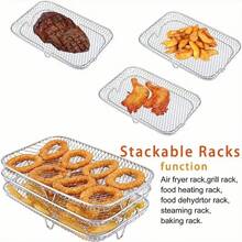 Set Of 3PCS Stainless Steel Air Fryer Grilling Rack Double Basket, 3 Layer Dehydrator Barbecue Rectangular Air Fryer Rack, Multi-Purpose Air Fryer Accessories For Kitchen Baking And Roasting - Silver - View 3