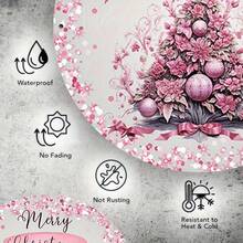1pc Festive Pink Christmas Tree Wreath Sign - 7.87" Round Aluminum Door Decor With "Merry Christmas" Banner, Ornament Accents & Glitter Details For Holiday Home Entrance Display, Festive Wall Sign|Decorative Christmas Sign|Floral Accents Design, Christmas Tree Decorations Home Decor Christmas Decorations Room Decor