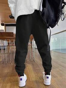 Men's Casual Printed Joggers - Comfortable Knitted Cotton Sweatpants With Elastic Waistband And Pockets, Black 'KXO' Happy Face Design, Perfect For Casual Outfits, All-Season Joggers|Streetwear Style|Polyester Knitted Fabric - 黑色 - 查看 3