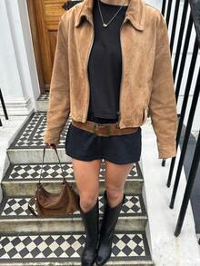 Autumn/Winter Polo Collar Zip-Up Cardigan Jacket, Faux Suede Fabric, Solid Color, Pockets, Zipper, Casual