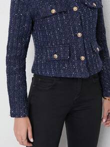 Áo khoác nữ TRAFZA thanh lịch, kiểu dáng thường ngày, chất liệu vải tweed, cổ tròn, tay dài, màu trơn, thích hợp cho mùa xuân. - Hải quân với sợi vàng - Xem 2