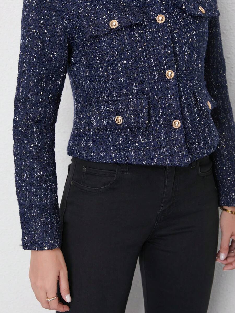 Áo khoác nữ TRAFZA thanh lịch, kiểu dáng thường ngày, chất liệu vải tweed, cổ tròn, tay dài, màu trơn, thích hợp cho mùa xuân.