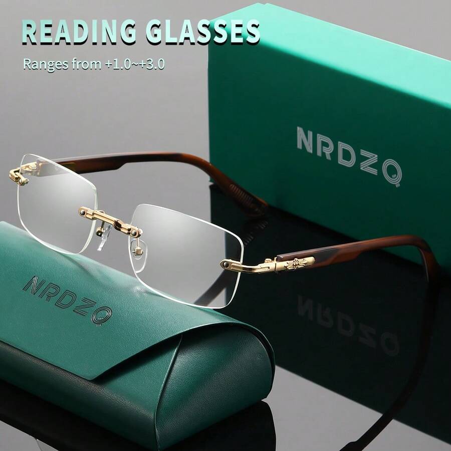 NRDZQ 金属老花镜，新款时尚复古方形无框老花镜，高清护眼，长时间佩戴不晕眩，适合阅读/缝纫/商务/办公/优雅/日常佩戴的男士近视眼镜，轻巧弹簧铰链镜框，防滑设计，适合运动，电脑舒适阅读，防眼疲劳老花镜，便携设计，适合各种脸型，礼盒包装，奢侈品牌设计师眼镜，节日礼物，送给父母的礼物，情人节礼物，教师节礼物，返校季礼物，眼镜，男士眼镜，男士老花镜