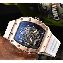 ..Ichard-Style Barrel Skeleton Quartz Watch, Luxury Business Casual Wristwatch With Luminous & Calendar, For Men And Women - 白色 - 查看 1