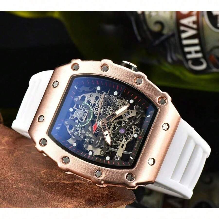 ..Ichard-Style Barrel Skeleton Quartz Watch, Luxury Business Casual Wristwatch With Luminous & Calendar, For Men And Women - 白色 - 查看 1