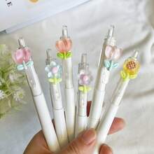6pcs/Set Floral Design Ballpoint Pens, 0.5mm Black Ink Refill, High Quality Retractable Pens, Cute Stationery Gift For Students, Girls, Back To School Supplies