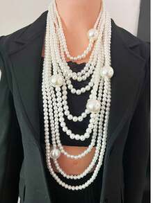 1 Set Women's Fashionable Exaggerated Pearl Decor Necklace, Long Body Chain, Earrings Suit, Elegant Accessories Necklace Round Bead European And American Pearl Necklace New Exaggerated Multi-Layer Collarbone Fashion Retro Versatile Temperament Sweater Jewelry - Pearl Long Necklace Set - View 8
