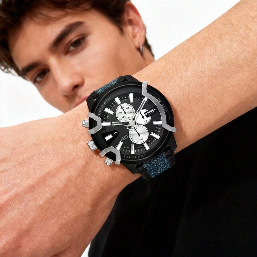Diesel 1 Piece Diesel Griffed Chronograph Men's Watch – 48 Mm Black Stainless Steel Case, Black Sunray Dial With Stick Indexes, Black Leather Strap, 50 M Water-Resistant Statement Timepiece –DZ4572