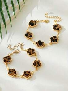 1pc Leopard Print & Clover Vintage Style Bracelet, Suitable For Women's Casual, Party, Fashion Matching