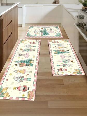 1件装水彩粉色胡桃夹子圣诞快乐厨房地毯，现代农舍风格吸水速干厨房垫，圣诞装饰，走廊地毯，派对家居装饰地毯，可水洗厨房地垫，吸油防油厨房地垫，区域地毯，走廊地毯，派对家居装饰地毯，室内入口地垫，加厚舒适厨房地垫，防滑厨房装饰地毯，防污易清洁入口门垫，适用于客厅、餐厅、厨房、水槽区、室内入口
