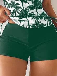 Conjunto De Trajes De Baño Para Mujer Con Top Halter Impreso De Árbol De Coco Y Troncos De Color Sólido,Bikini Estilo Chaleco Estampado Con Palmeras Para Mujer - Verde - Ver 5