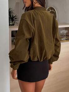 Áo khoác ngắn nhung trơn màu cổ điển dành cho nữ, áo khoác bomber thường ngày thu/đông - Màu xanh Ô liu - Xem 3