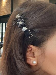 Shiny Black Bow Flower Side Cute Women's Duck Clip Hair Accessory, Claw Clips, Hair Slide, Hair Barrettes