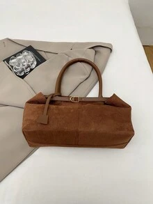 1 件咖啡棕色肩带装饰大容量仿麂皮拼布手提包，女士单肩包 - 咖啡棕 - 查看 5