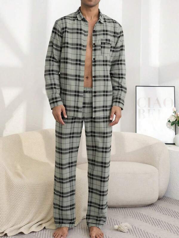 Men's Thin Turndown Collar Open Front Plaid Print Long Sleeve Pajama Set, Casual Minimalist British Style Loungewear, Autumn/Winter