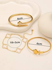 Elegant Fashionable Clover Nail Shape Hollow Zirconia Stainless Steel Women's Bracelet Set, Suitable For Daily Wear, Stacking, Couple Dates, Multi-Occasion Matching, And Gift Giving