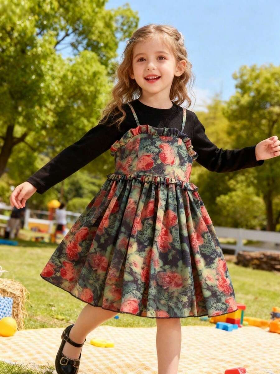 2pcs Girls Spring/Autumn Outfit, Long Sleeve T-Shirt & Floral Print Dress Set
