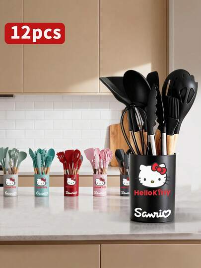 Sanrio 12-Piece Non-Stick Silicone Kitchen Utensil Set, Featuring Black And Brown Anti-Slip Ergonomic Handles, Including A Spatula, Egg Beater, Spoon, Clamp, Soup Spoon, Grater, Clamp, Etc. It Is Heat-Resistant And Durable, Suitable For Cooking Utensils, Scratch-Resistant - Suitable For Baking, Frying, Boiling, Steaming - Ideal Gift For Christmas, Valentine's Day, Graduation, Moving House