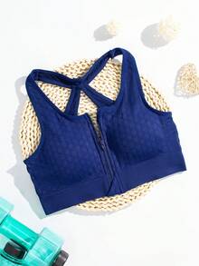 1 pieza Sujetador deportivo sin costuras y calado, Sujetador deportivo con cremallera frontal transpirable para mujeres