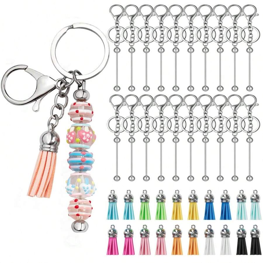 10/20/40 Stücke Perlenförmige Schlüsselanhänger Stangen im Großeinkauf, inklusive Schlüsselanhänger mit Silberperlen und bunten Lederquasten für Schmuckherstellung, Armband DIY, Schmuckanhänger Zubehör