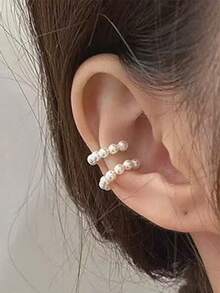 1pc Fashionable Handmade Faux Pearl Ear Cuff, Elegant Ethereal Style Minimalist Personalized Earring For Women Without Pierced Ears - Multicolor - View 2