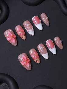 10pcs/Set Press On Nail Pieces, Almond Shaped Nail Caps, Pink 3D Textured Design, Hand Painted French Style, Y2K Style, Tough Girl Style. Purely Handmade, Luxurious And Exquisite Nails. Elegant And Grand. Suitable For Ladies And Girls.