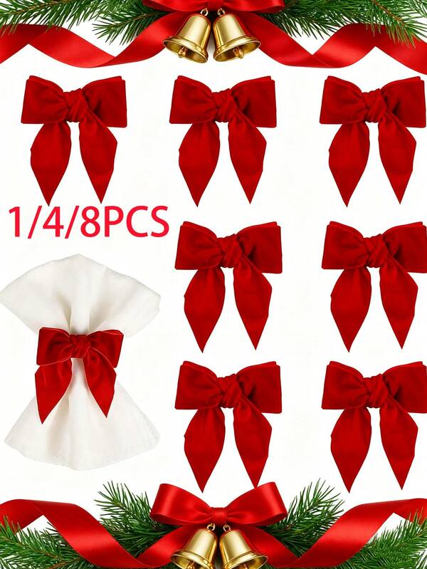 Conjunto de 8 peças de porta-guardanapos decorativos de Natal, com laço vermelho de camada dupla tecido à mão, fivela de veludo macio e espesso exclusiva, ideal para decoração de mesas de Natal, jantares, banquetes, casamentos e outras festas.