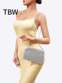 Ladies' Crossbody Square Bag With Sequins And Faux Diamonds, Metal Chain, Lightweight And Stylish, Suitable For Going Out.