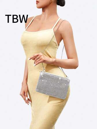 Ladies' Crossbody Square Bag With Sequins And Faux Diamonds, Metal Chain, Lightweight And Stylish, Suitable For Going Out.