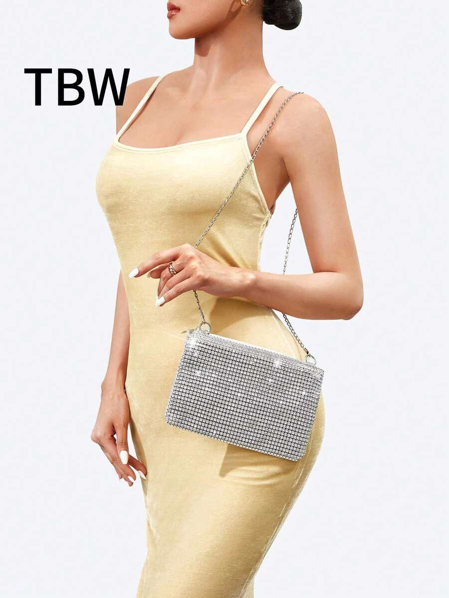 Ladies' Crossbody Square Bag With Sequins And Faux Diamonds, Metal Chain, Lightweight And Stylish, Suitable For Going Out.