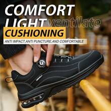 UMBURLLY 1 Đôi Giày bảo hộ lao động nam bằng da sợi nhỏ màu trơn, có nút, chống va đập, chống đâm thủng, thích hợp cho mọi mùa ngoài trời - màu đen - Xem 3