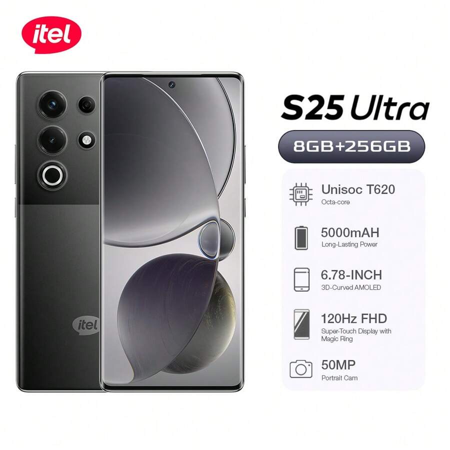 itel S25 Ultra 双卡 4G 钛金版 Android 14 智能手机 8GB RAM 256GB，5000mAh 电池，Type-C 充电，指纹解锁 - 黑色 - 查看 1
