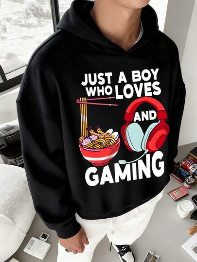 Teen Boy Noodle & Headphone Graphic Print Casual Sweatshirt, New Style Suitable For Autumn/Winter Seasons. Unisex Design For Daily Wear, Party, School, Music Festival, Vacation, Commute. Can Be A Gift For Family, Boyfriend, Girlfriend, Friends.