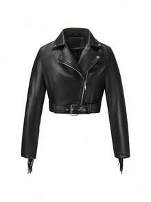 Chaqueta corta de piel sintética con flecos y cinturón estilo retro para mujer Risissida - Chaqueta de cuero de moda para mujer en otoño/invierno - Negro - Ver 2