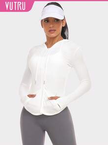 VUTRU Chất rắn Thả vai áo có mũ Jacket thể thao Nén Áo sơ mi - trắng - Xem 1