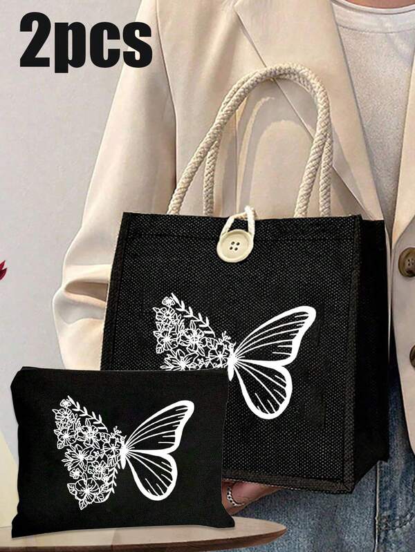 Multifunktionale Tragetasche für Damen, Kosmetiktasche, süßes Muster mit Schleife darauf gedruckt, Einkaufstasche im Urlaubsstil mit Buchstabendesign, Kosmetiktasche, Kulturbeutel, geeignet für Hochzeiten, Geburtstage und Feiertage, Leinen-Tragetasche, Geschenktasche zum Lehrertag