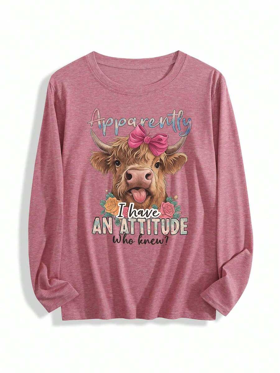 Highland Cow With Attitude  A Playful Statement Womens Long-Sleeve Crewneck T-Shirt - 珊瑚粉 - 查看 1