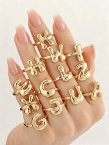 可爱泡泡26字母戒指，女士气球镀金锆石A-Z字母开口可调节戒指，优雅婚礼珠宝礼物 - 金色 - 查看 4